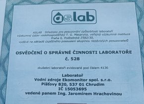 Osvědčení ASLAB o správné činnosti naší laboratoře jsme potvrdili